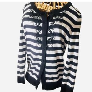 Talbots Black and White Striped Beaded Cardigan Black Trim Sz Medium